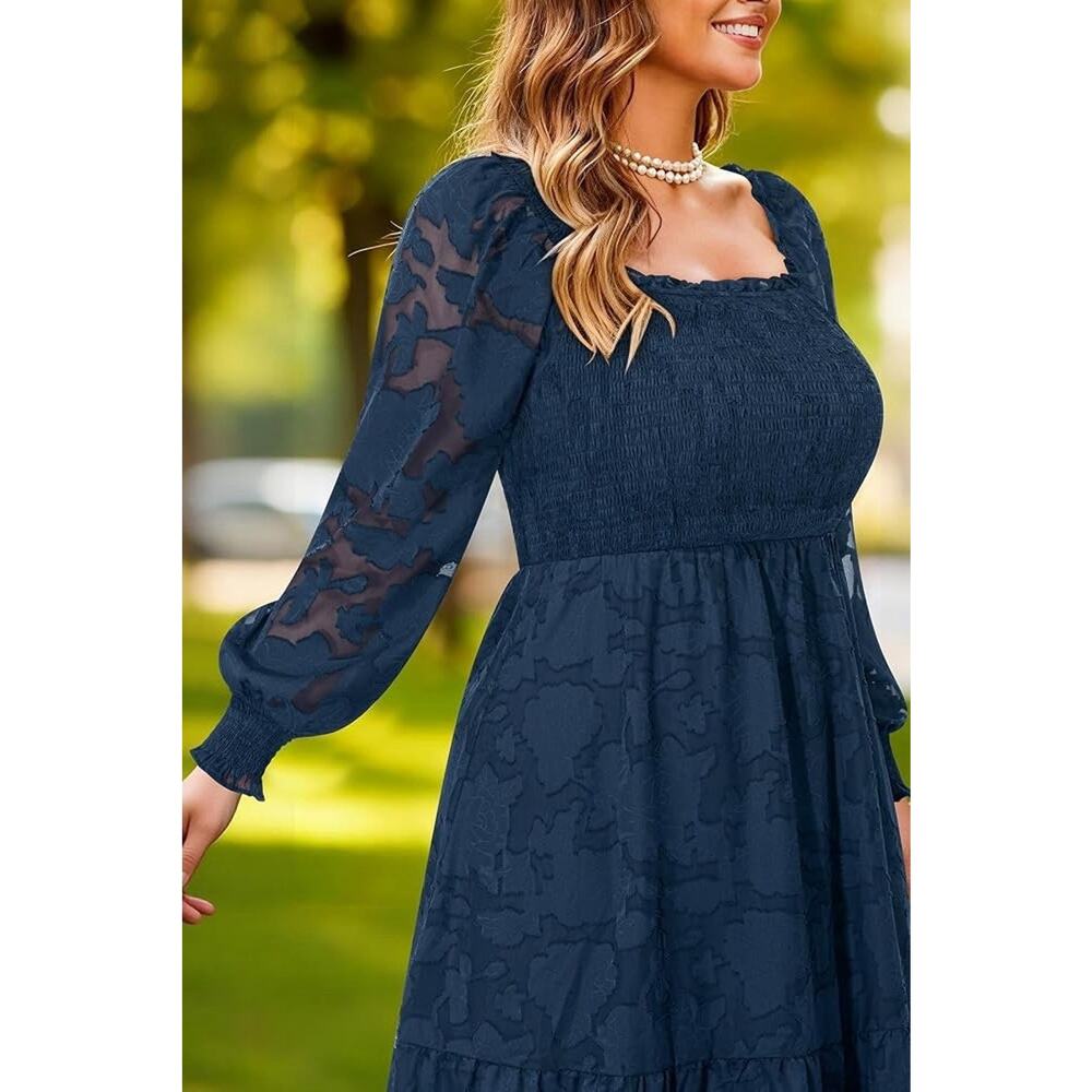 NWT Pinup Fashion Navy Smocked Chiffon Boho Midi Dress Dark Romantic Sz 20W - Picture 2 of 9